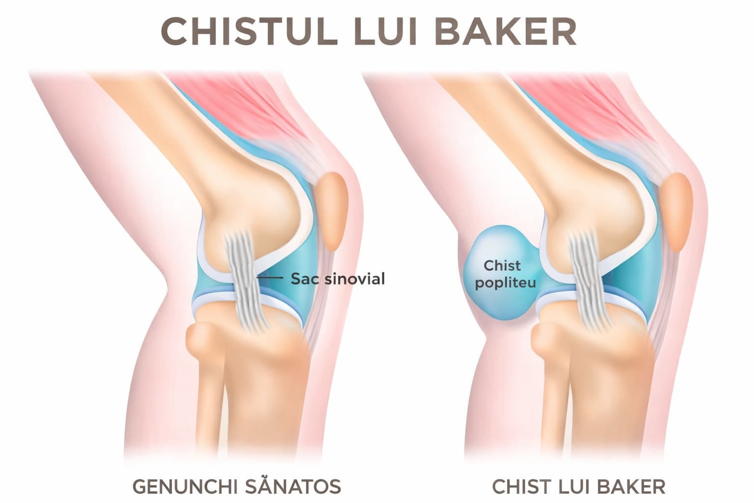 Chistul lui Baker (chist popliteu) la nivelul genunchiului – ilustrație anatomică