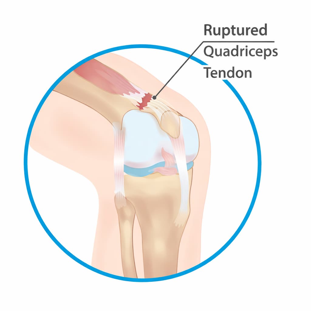 Ruptura tendonului cvadricepsului la nivelul genunchiului – ilustrație anatomică